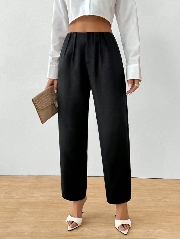 Women's Elegant Button Pocket Black Woven Straight Leg Pants