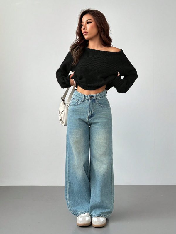 Women's Solid Color Oblique Shoulder Long Sleeve Casual Top