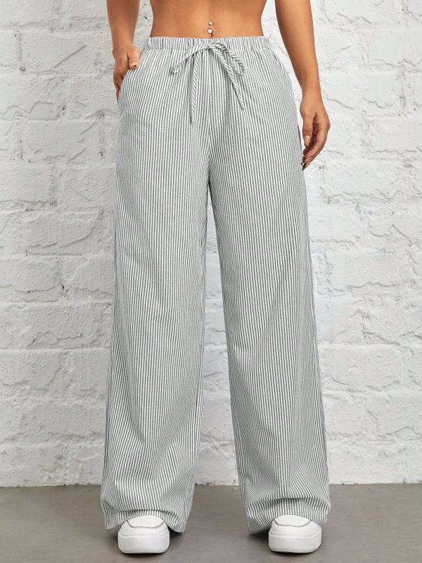 Women's Casual High Waist Gray Vertical Striped Wide Leg Pants