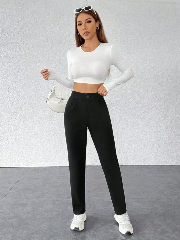 Solid Plicated Detail Black Pants