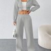 Women's FashionableZip Front Hooded Sweatshirt And Pants Two Piece Set