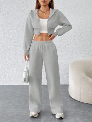 Women's FashionableZip Front Hooded Sweatshirt And Pants Two Piece Set