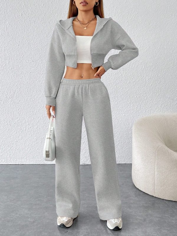 Women's FashionableZip Front Hooded Sweatshirt And Pants Two Piece Set