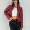 Women Solid Minimal Collared Long Sleeve Zip Up Red PU Leather Jacket