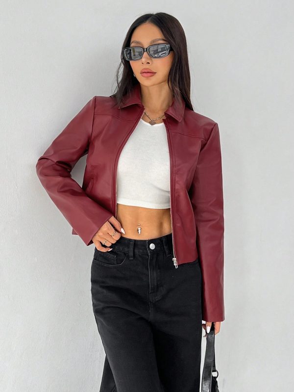 Women Solid Minimal Collared Long Sleeve Zip Up Red PU Leather Jacket