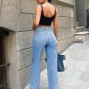 Women's Solid Color Wide Leg Denim Pants With Slanted Pockets