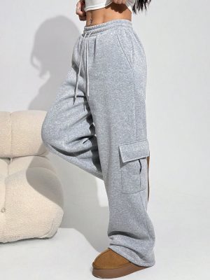 Women's Gray Knit Thick Fleece Lined Ankle Length Casual Utility Baggy Sweatpants