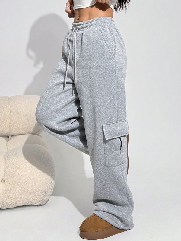 Women's Gray Knit Thick Fleece Lined Ankle Length Casual Utility Baggy Sweatpants