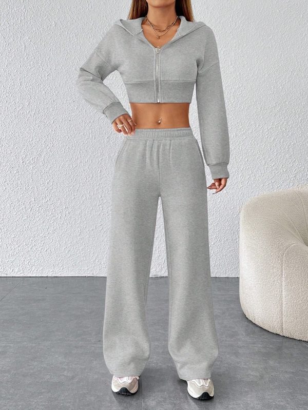 Women's FashionableZip Front Hooded Sweatshirt And Pants Two Piece Set