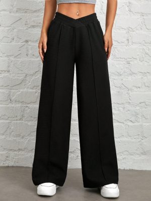 Women's Solid Color Waist Wrap Black Wide Leg Pants