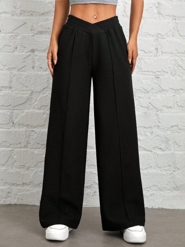 Women's Solid Color Waist Wrap Black Wide Leg Pants