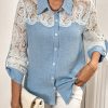 Women Elegant Denim Effect Contrast Lace Trim Long Sleeve Shirt, Autumn