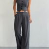 2pcs Women's Casual Solid Color Single-Breasted V-Neck Vest And Pleated Pants Set, Summer