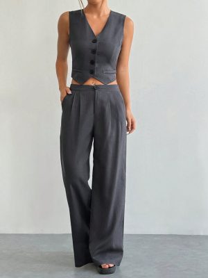 2pcs Women's Casual Solid Color Single-Breasted V-Neck Vest And Pleated Pants Set, Summer