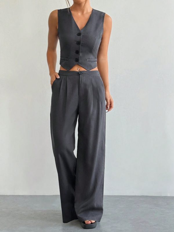 2pcs Women's Casual Solid Color Single-Breasted V-Neck Vest And Pleated Pants Set, Summer