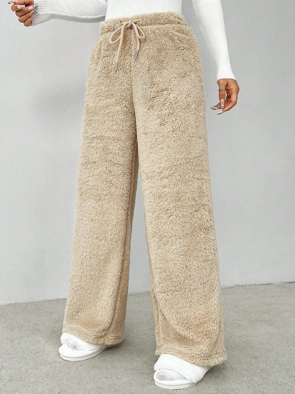 Drawstring Waist Teddy Wide Leg Pants
