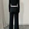 Solid Color Oblique Collar Long Sleeve Top And Contrast Color Pants 2 Piece Set, Autumn/Winter