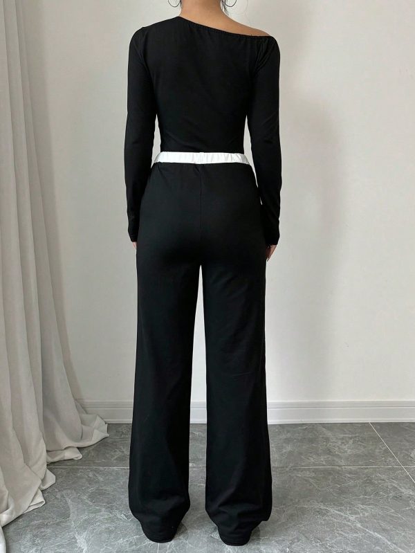Solid Color Oblique Collar Long Sleeve Top And Contrast Color Pants 2 Piece Set, Autumn/Winter