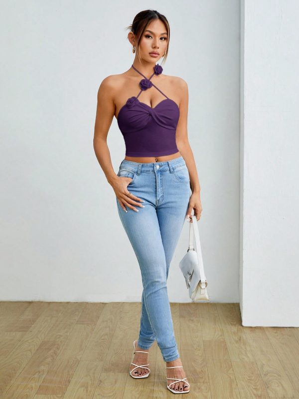 Women Floral Applique Twist Designed Halter Backless Tank Top