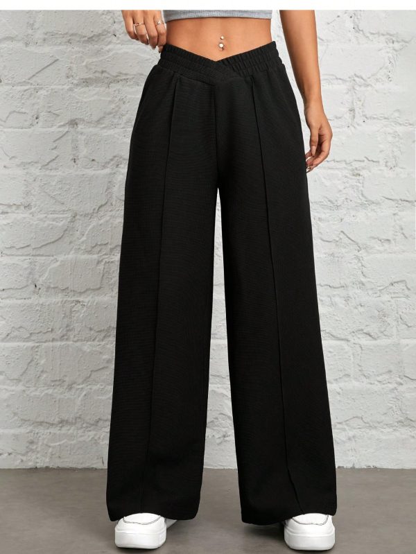 Women's Solid Color Waist Wrap Black Wide Leg Pants