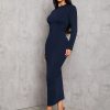 Solid Color Pleated Waist Black Long Sleeve Dress
