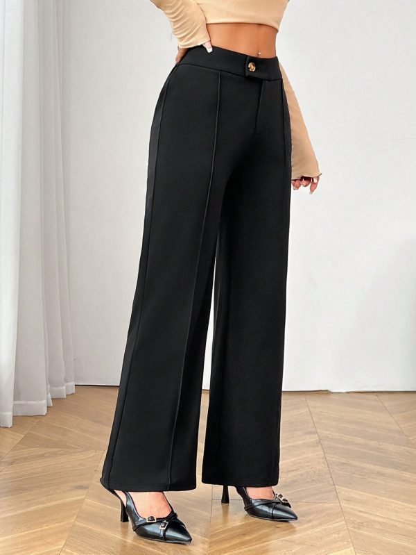 Commuting Elegant Irregular Waist Button Zipper Straight Pants Women's Black Trousers