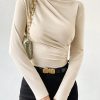 Apricot Color Turtleneck Ruched Long Sleeve Bodysuit For Women