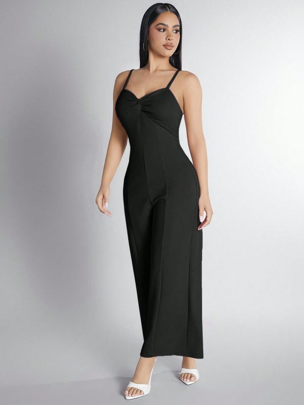 Solid Color Twist Strap Wide Leg Jumpsuit