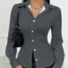 Women Striped Shirt With Turndown Collar And Waist Drawstring