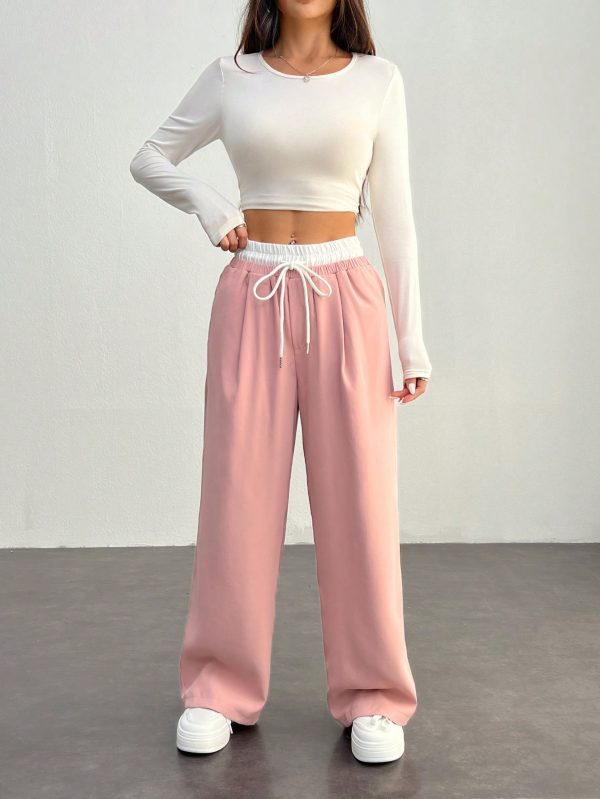 Casual Color Block Woven Drawstring Waist Pants