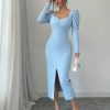 Square Neck Puff Sleeve, Front Ruched, Waist Cinched Elegant Lady Dress