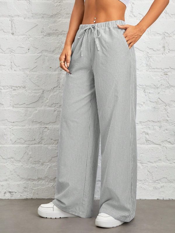 Women's Casual High Waist Gray Vertical Striped Wide Leg Pants