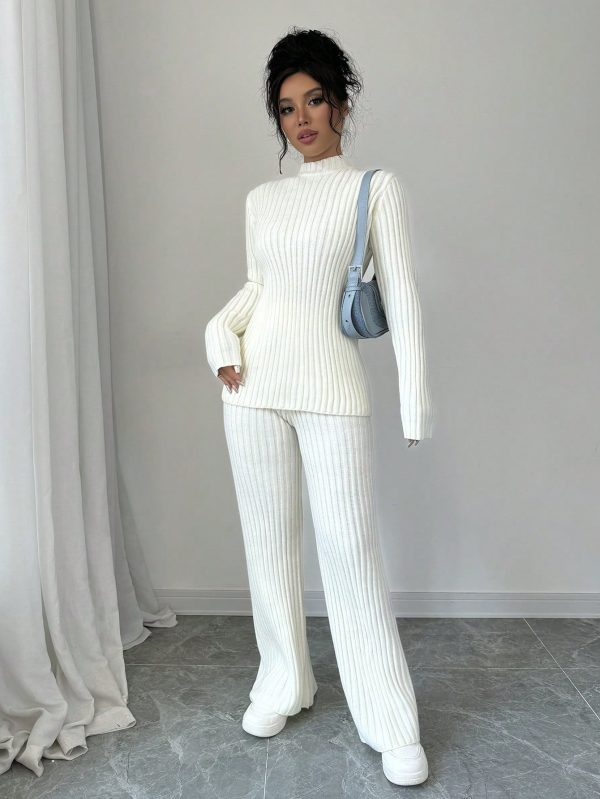 Women's Ribbed 2 Piece Knitted Set, Casual Loose Fit Pullover Sweater, Autumn Winter