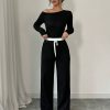 Solid Color Oblique Collar Long Sleeve Top And Contrast Color Pants 2 Piece Set, Autumn/Winter
