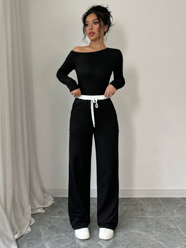 Solid Color Oblique Collar Long Sleeve Top And Contrast Color Pants 2 Piece Set, Autumn/Winter
