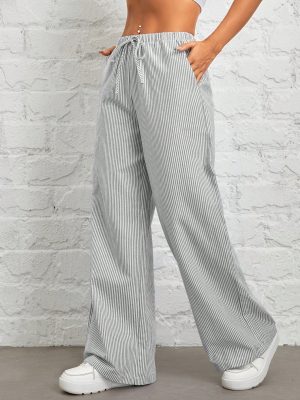 Women's Casual High Waist Gray Vertical Striped Wide Leg Pants