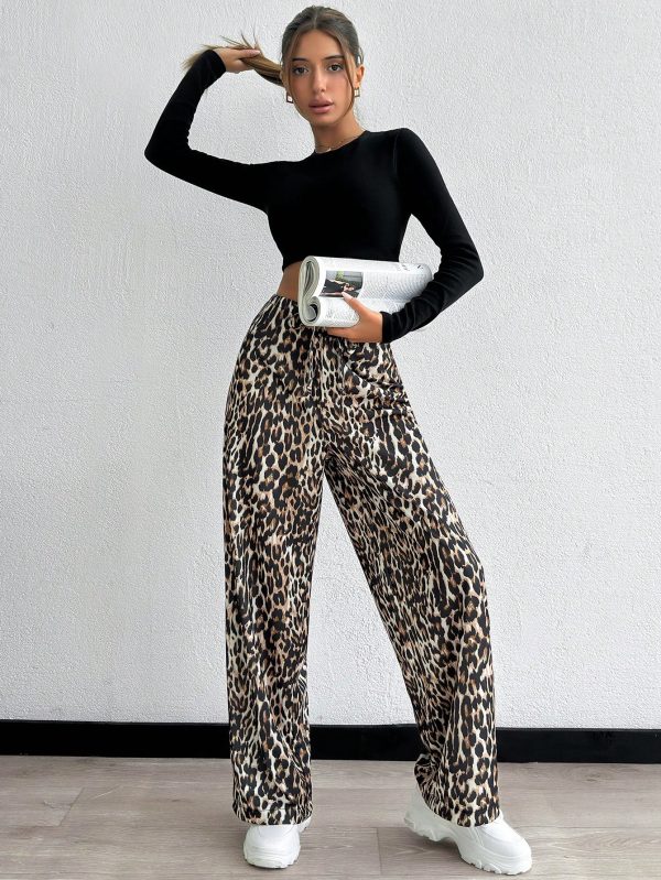 Low Elastic Waistband Pants With Leopard Design