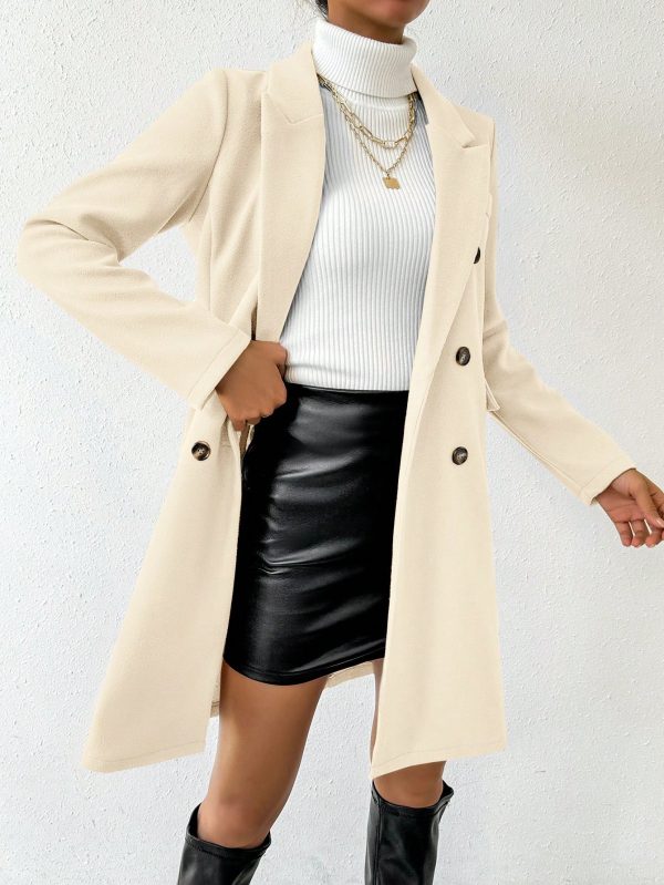 Women's Solid Color Notched Collar Long Sleeve Double-Breasted Casual Overcoat, Autumn/Winter