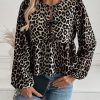 Casual Leopard Print Button Up Tie Waist Ruffle Hem Shirt For Women, Autumn/Winter