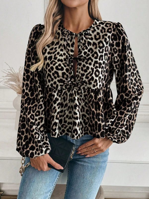 Casual Leopard Print Button Up Tie Waist Ruffle Hem Shirt For Women, Autumn/Winter