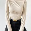 Apricot Color Turtleneck Ruched Long Sleeve Bodysuit For Women