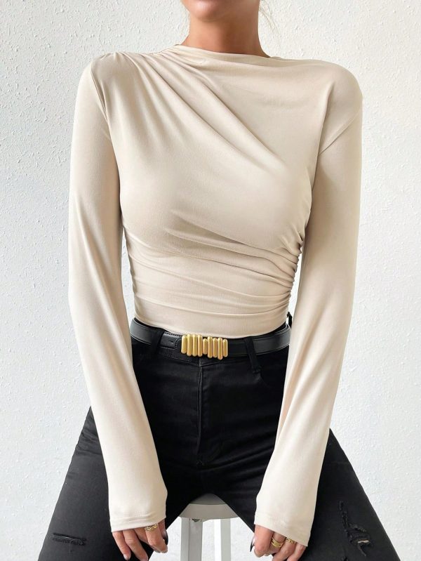 Apricot Color Turtleneck Ruched Long Sleeve Bodysuit For Women