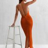 Backless Twist Back Split Hem Halter Dress