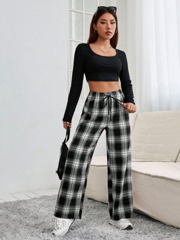 Women's Drawstring Waist Plaid Long Pants