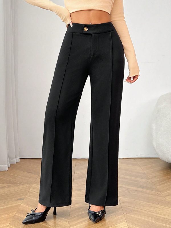 Commuting Elegant Irregular Waist Button Zipper Straight Pants Women's Black Trousers