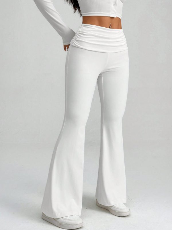 White Y2k Solid Ruched Flare Leg Pants Flare Leggings