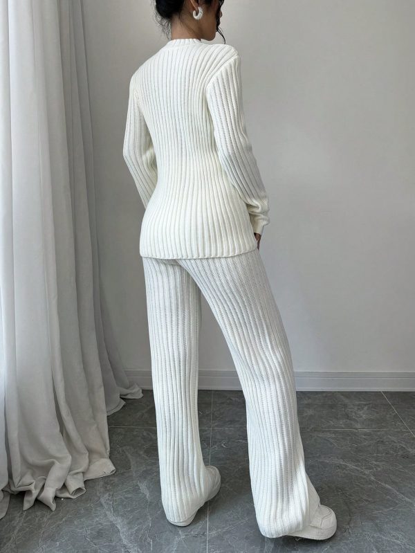 Women's Ribbed 2 Piece Knitted Set, Casual Loose Fit Pullover Sweater, Autumn Winter
