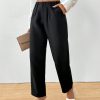 Women's Elegant Button Pocket Black Woven Straight Leg Pants