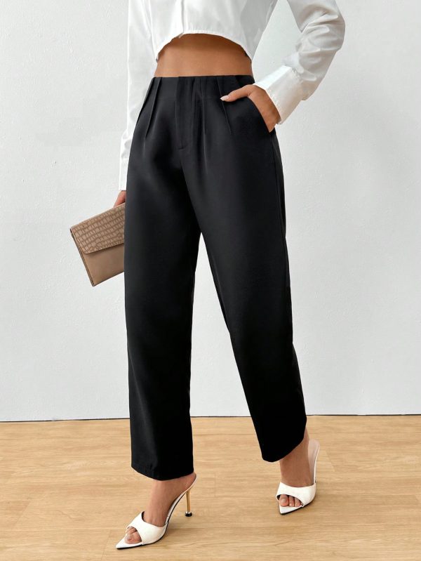 Women's Elegant Button Pocket Black Woven Straight Leg Pants