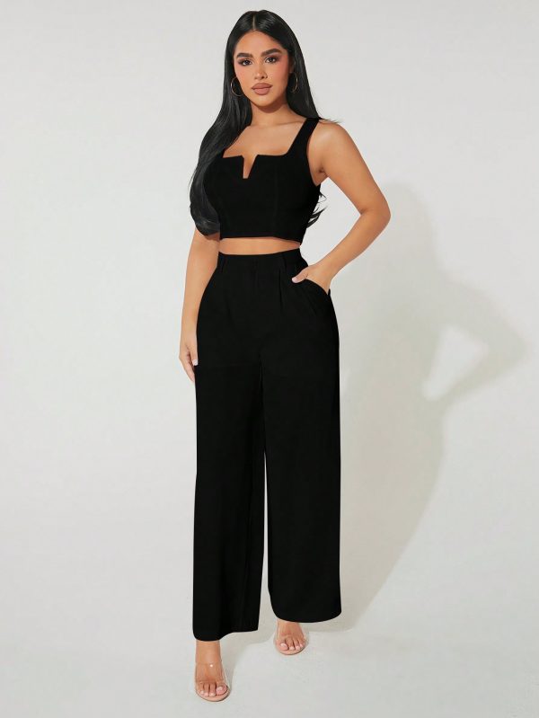 Women's Notch Neck Cropped Vest And Wide Leg Pants 2pcs/Set For Summer